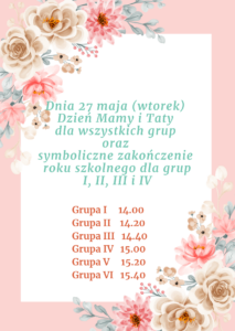 Dnia 27 maja (wtorek) Dzień Mamy i Taty dla wszystkich grup oraz symboliczne zakończenie roku szkolnego dla grup I, II, III i IV(1)