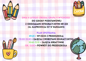 Dnia 9 stycznia (piątek) grupa V wychodzi do Szkoły Podstawowej nr 247 (Wrzeciono 9, 01 951 Warszawa) na „Jasełka” wyjście ok godz. 9.30 powrót ok godz. 11.30(1)